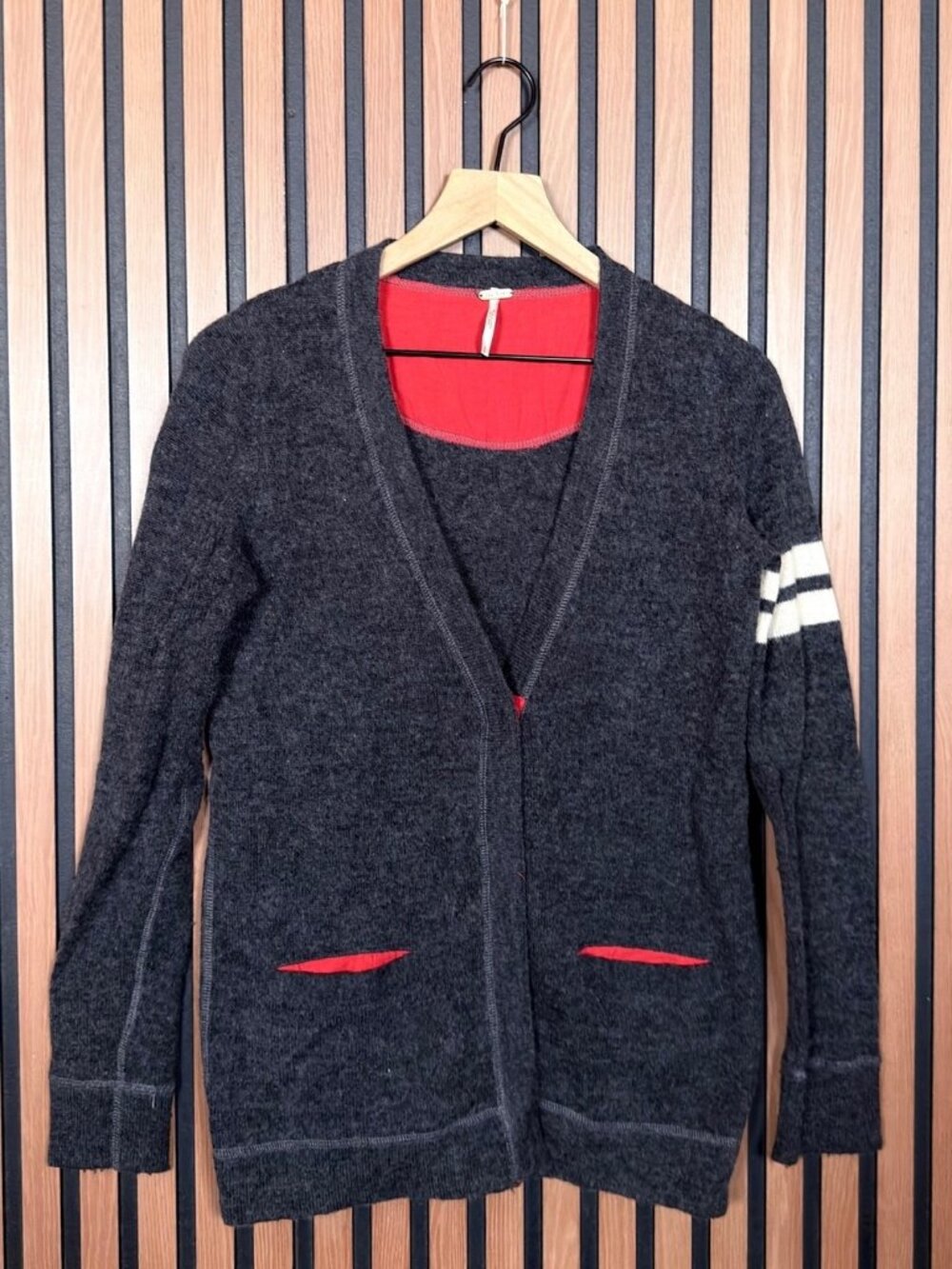 Free People Sweater Small Gray Red Lining Button Front Cardigan Wool Alpaca
